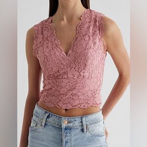 Express Allover Lace V-neck Smocked Back Sleeveless Pink Tank Top XL NWT